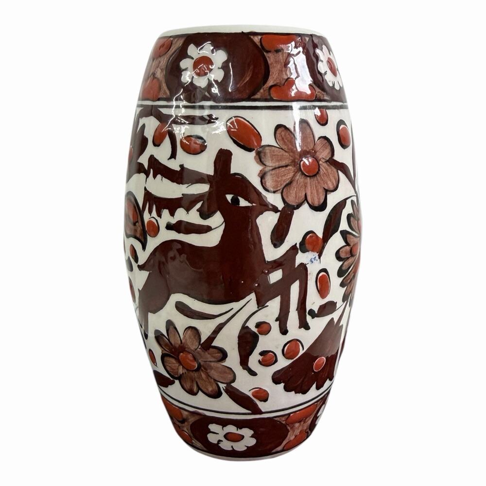 Vintage 1950s Icaros Rhodes Greece Hand Crafted Painted Deer 5” Vase Greek